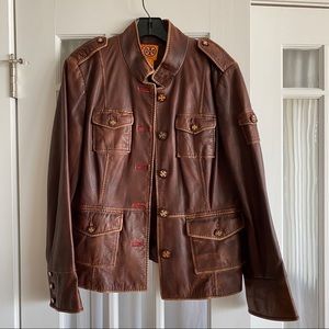 Tory Burch dark brown leather jacket w red accents